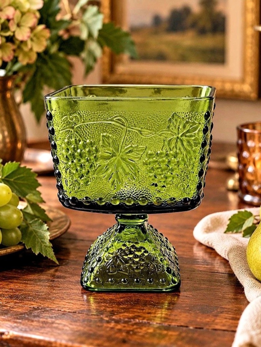 Vintage Indiana Glass Green Grape Vine Footed Candy Dish Compote